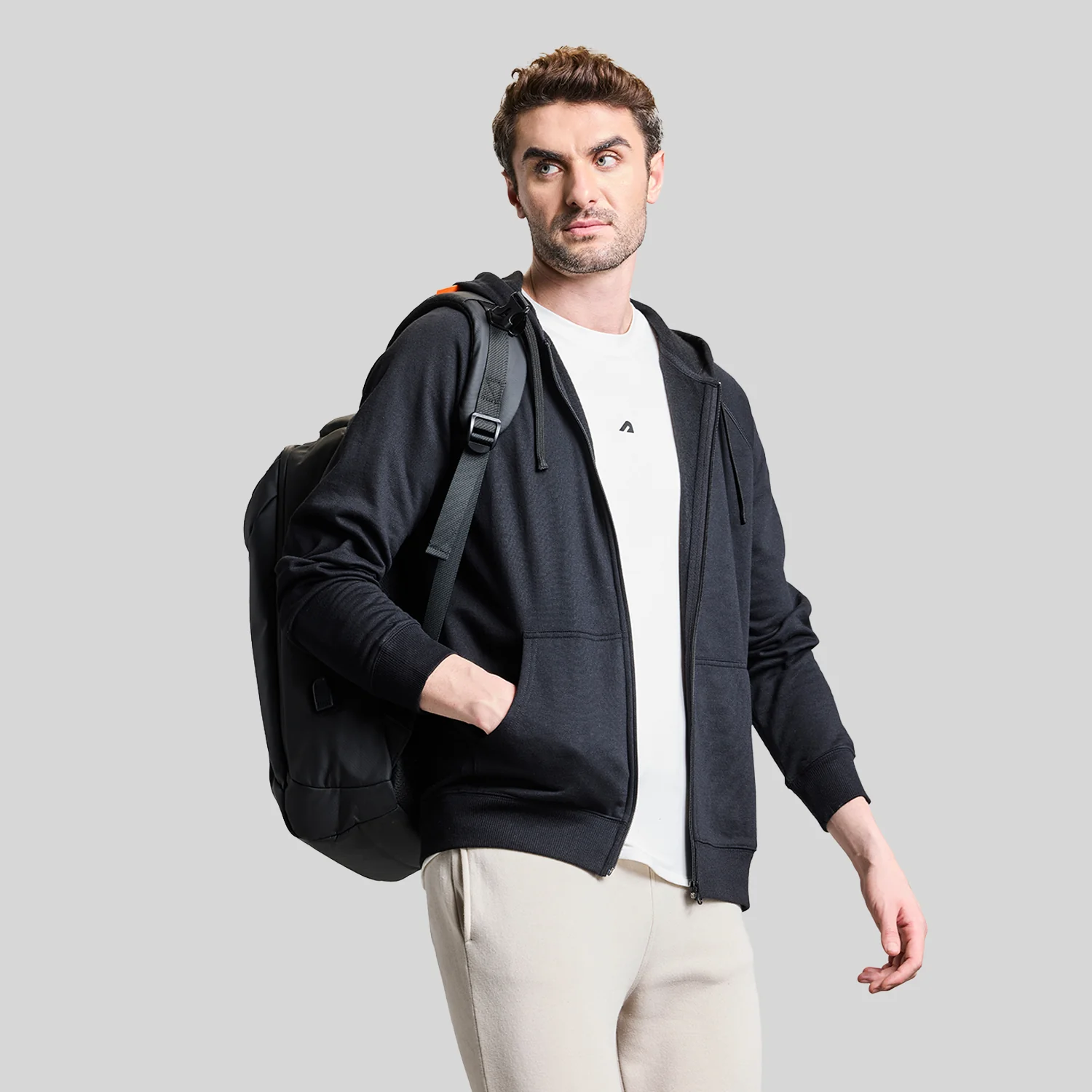 AeroFleece Mens Full Zipper Jacket with Hoodie - Black - Image 3