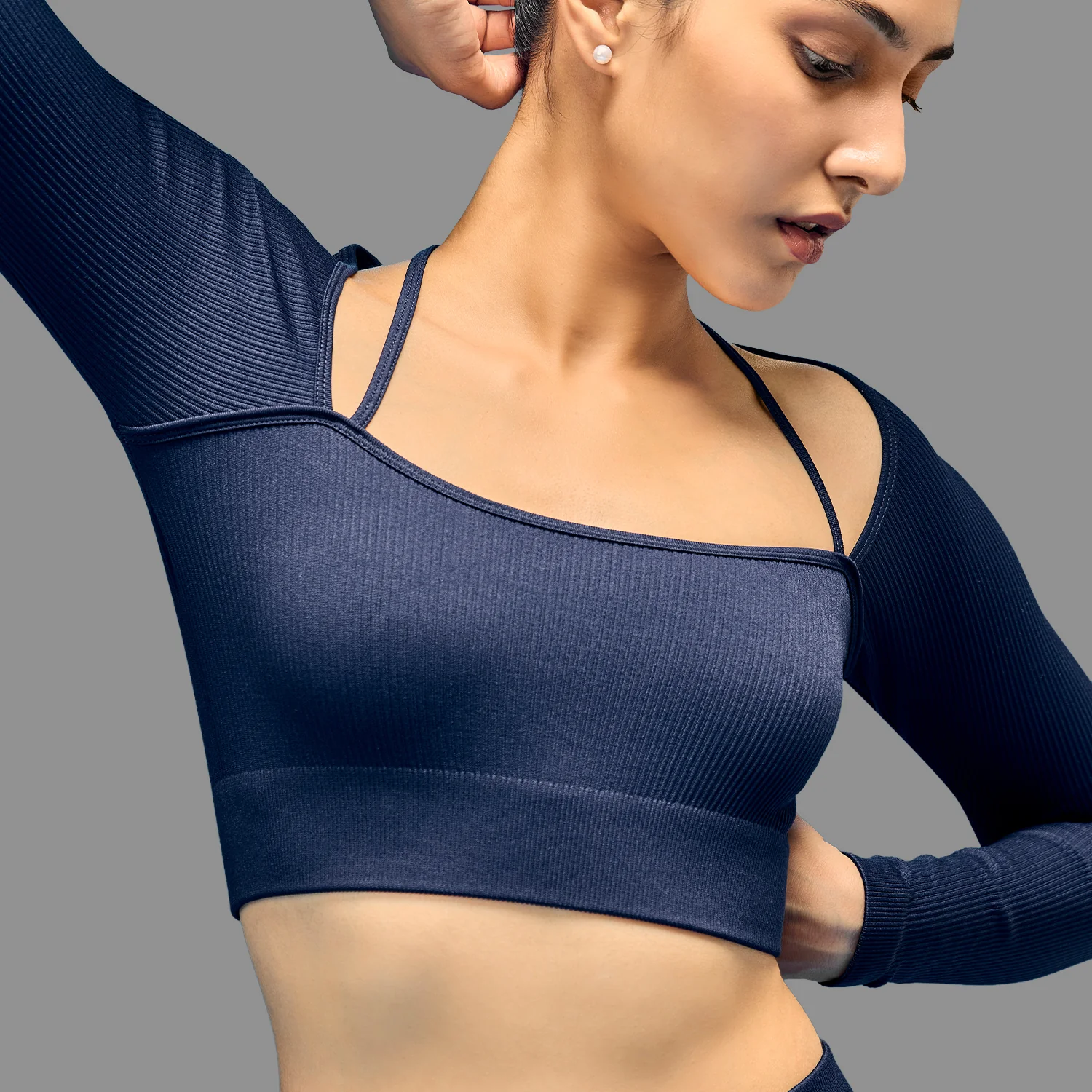 Limitless Snatched ribbed long sleeve top- Navy Blue - Image 3