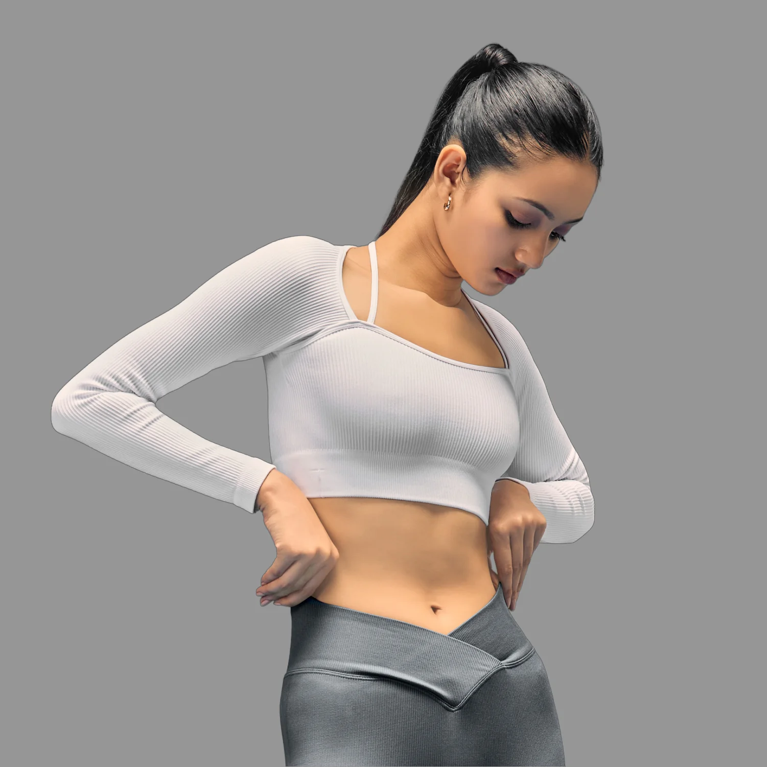 Limitless Snatched ribbed Long sleeve top- White - Image 5