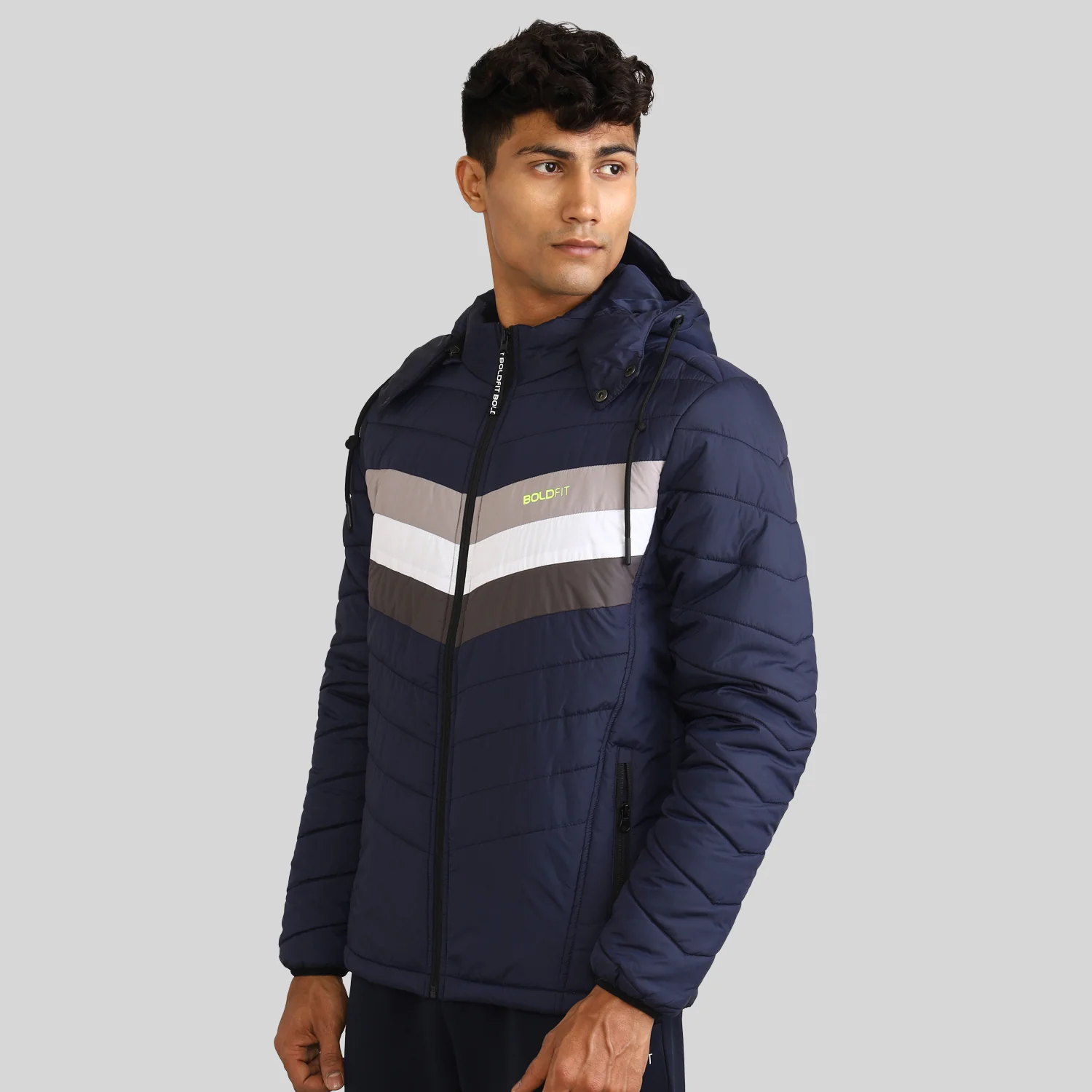 Mens Winter Bomber Jacket with Detachable Cap - Blue/White - Image 4